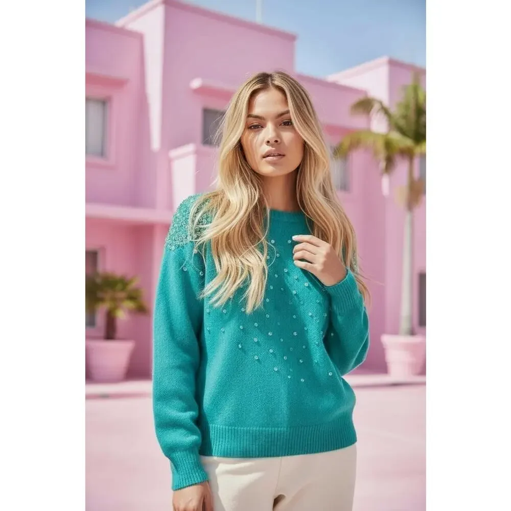 1980s Beaded Sequin CASHMERE Sweater Sz Small‎ Aqua Green Round Neck Barbiecore